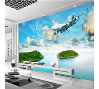 XLMING Precioso Cielo Azul Nubes Blancas Mar Islas Aviones 3D Papel Pintado Tapiz Textura de Seda Oficina Comedor Sofá Dormitorio Sala Estar TV Fondo Pantalla-350cm×256cm