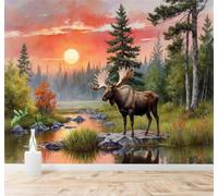 XLMING Puesta De Sol Bosque Musgo Ribereño Árboles Reflejos Paisaje Natural 3D Papel Pintado Tapiz Textura de Seda Oficina Comedor Sofá Dormitorio Sala Estar TV Fondo Pantalla-300cm×210cm