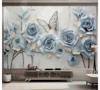 XLMING Relieve Belleza Azul Flores Mariposas Papel Pintado 3D Seda De Lujo Pared Estudio Comedor Sofa Dormitorio Madera Salon Tv Decorativo-430cm×300cm