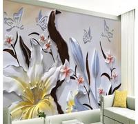 XLMING Relieve Minimalismo Lirios Mariposas Arte 3D Papel Pintado Lujo Casa Sala Decoración Estar Comedor Sofá Dormitorio TV Fondo de Pared-300cm×210cm
