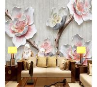 XLMING Relieve Ramas Rosa Flores Pájaros 3D Papel Pintado Lujo Casa Sala Decoración Estar Comedor Sofá Dormitorio TV Fondo de Pared-350cm×256cm