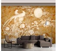 XLMING Relieve Vintage Pájaros Pequeños Flores De Peonía Imitación Mármol 3D Papel Pintado Pared Premium Textura Seda Estudio Comedor Vinilos Dormitorio Sofás TV Cocina-150cm×105cm