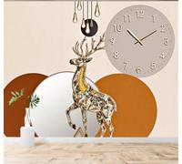 XLMING Reloj Geométrico Círculos Arte Ciervo Dorado 3D Papel Pintado Tapiz Textura de Seda Oficina Comedor Sofá Dormitorio Sala Estar TV Fondo Pantalla-300cm×210cm