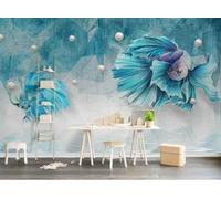 XLMING Retro Azul Geométrico Perla Pececito 3D Papel Pintado Pared Premium Textura Seda Estudio Comedor Vinilos Dormitorio Sofás TV Cocina-400cm×280cm