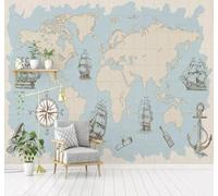 XLMING Retro Creativo Velero Océano Mapa Del Mundo 3D Papel Pintado Pared Premium Textura Seda Estudio Comedor Vinilos Dormitorio Sofás TV Cocina-350cm×256cm