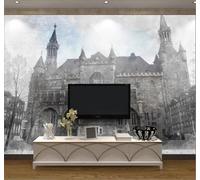 XLMING Retro Dibujado A Mano Blanco Y Negro Edificios Árboles Papel Pintado 3D Seda De Lujo Pared Estudio Comedor Sofa Dormitorio Madera Salon Tv Decorativo-400cm×280cm