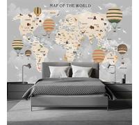 XLMING Retro Dibujado A Mano Globos Aerostáticos Mapa Del Mundo Animales 3D Papel Pintado Pared Premium Textura Seda Estudio Comedor Vinilos Dormitorio Sofás TV Cocina-250cm×170cm