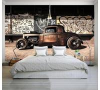 XLMING Retro Grafitis Coches Antiguos Restaurantes Cafeterías Papel Pintado 3D Seda De Lujo Pared Estudio Comedor Sofa Dormitorio Madera Salon Tv Decorativo-430cm×300cm