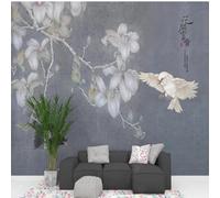 XLMING Retro Pintado A Mano Blanco Magnolia Pájaros Ramas 3D Papel Pintado Tapiz Textura de Seda Oficina Comedor Sofá Dormitorio Sala Estar TV Fondo Pantalla-350cm×256cm