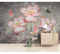 XLMING Retro Tridimensional Rojo Loto Mariposa 3D Papel Pintado Pared Premium Textura Seda Estudio Comedor Vinilos Dormitorio Sofás TV Cocina-350cm×256cm