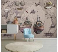 XLMING Retro Veleros Aviones Mapamundi Bares Papel Pintado 3D Seda De Lujo Pared Estudio Comedor Sofa Dormitorio Madera Salon Tv Decorativo-200cm×140cm