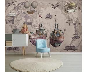 XLMING Retro Veleros Aviones Mapamundi Bares Papel Pintado 3D Seda De Lujo Pared Estudio Comedor Sofa Dormitorio Madera Salon Tv Decorativo-200cm×140cm
