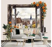 XLMING Retro Vista Desde La Ventana Rosas Naranjas Gatos Ilustración De Paisaje Urbano 3D Papel Pintado Tapiz Textura de Seda Oficina Comedor Sofá Dormitorio Sala Estar TV Fondo Pantalla-400cm×280cm
