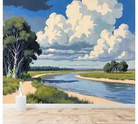 XLMING Río Paisaje Árboles Cielo Azul Nubes Blancas 3D Papel Pintado Tapiz Textura de Seda Oficina Comedor Sofá Dormitorio Sala Estar TV Fondo Pantalla-150cm×105cm