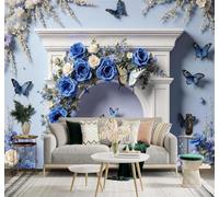 XLMING Rosa Azul Mariposas Arco Blanco Motivos Florales 3D Papel Pintado Pared Premium Textura Seda Estudio Comedor Vinilos Dormitorio Sofás TV Cocina-150cm×105cm