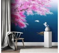 XLMING Rosa Tinta Flores De Ciruelo Azul Río 3D Papel Pintado Pared Premium Textura Seda Estudio Comedor Vinilos Dormitorio Sofás TV Cocina-150cm×105cm