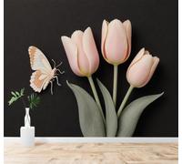 XLMING Sencillo Bonito Tulipanes En Rosa Pálido Mariposas Estampado 3D Papel Pintado Tapiz Textura de Seda Oficina Comedor Sofá Dormitorio Sala Estar TV Fondo Pantalla-430cm×300cm