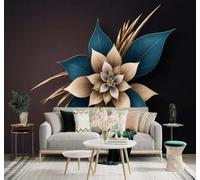 XLMING Sencillo Tridimensional Elegante Flores Azul Y Dorado Pétalos 3D Papel Pintado Tapiz Textura de Seda Oficina Comedor Sofá Dormitorio Sala Estar TV Fondo Pantalla-400cm×280cm