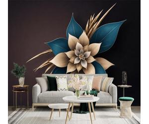 XLMING Sencillo Tridimensional Elegante Flores Azul Y Dorado Pétalos 3D Papel Pintado Tapiz Textura de Seda Oficina Comedor Sofá Dormitorio Sala Estar TV Fondo Pantalla-400cm×280cm
