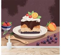 XLMING Tricolor Creativo Pastel De Chocolate Y Crema Bayas Frutas 3D Papel Pintado Tapiz Textura de Seda Oficina Comedor Sofá Dormitorio Sala Estar TV Fondo Pantalla-350cm×256cm