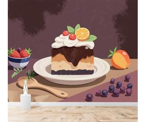 XLMING Tricolor Creativo Pastel De Chocolate Y Crema Bayas Frutas 3D Papel Pintado Tapiz Textura de Seda Oficina Comedor Sofá Dormitorio Sala Estar TV Fondo Pantalla-150cm×105cm