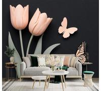 XLMING Tulipanes Rosas En Tridimensional Mariposas Flores Elegantes Arte 3D Papel Pintado Tapiz Textura de Seda Oficina Comedor Sofá Dormitorio Sala Estar TV Fondo Pantalla-250cm×170cm
