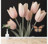 XLMING Tulipanes Rosas Hojas Verdes Mariposas Flores Elegantes Arte 3D Papel Pintado Pared Premium Textura Seda Estudio Comedor Vinilos Dormitorio Sofás TV Cocina-400cm×280cm