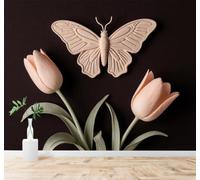 XLMING Tulipanes Rosas Hojas Verdes Mariposas Flores Elegantes Arte 3D Papel Pintado Tapiz Textura de Seda Oficina Comedor Sofá Dormitorio Sala Estar TV Fondo Pantalla-150cm×105cm