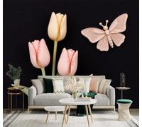 XLMING Tulipanes Rosas Mariposas Fondo Negro Flores Arte 3D Papel Pintado Tapiz Textura de Seda Oficina Comedor Sofá Dormitorio Sala Estar TV Fondo Pantalla-350cm×256cm