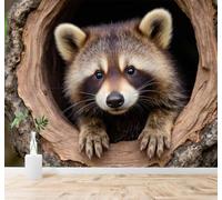 XLMING Un Adorable Mapache En El Hueco De Un Tronco Bosque Animales Arte 3D Papel Pintado Tapiz Textura de Seda Oficina Comedor Sofá Dormitorio Sala Estar TV Fondo Pantalla-350cm×256cm