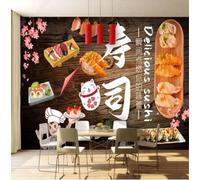 XLMING Veteado De Madera Gourmet Sushi Floral Creativo 3D Papel Pintado Pared Premium Textura Seda Estudio Comedor Vinilos Dormitorio Sofás TV Cocina-200cm×140cm