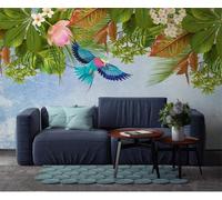 XLMING Vientos Tropicales Plantas Hojas Rosa Pájaros Y Flores Papel Pintado 3D Seda De Lujo Pared Estudio Comedor Sofa Dormitorio Madera Salon Tv Decorativo-350cm×256cm
