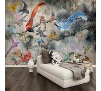 XLMING Vintage Art Clásico Rama De Árbol Colorido Pájaros Y Flores Papel Pintado 3D Seda De Lujo Pared Estudio Comedor Sofa Dormitorio Madera Salon Tv Decorativo-300cm×210cm