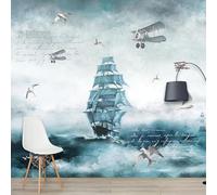 XLMING Vintage Art Velero Mar Aviones Aves Papel Pintado 3D Seda De Lujo Pared Estudio Comedor Sofa Dormitorio Madera Salon Tv Decorativo-250cm×170cm
