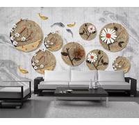 XLMING Vintage De Madera De Grano Geométrico Círculo Flor De Pescado Papel Pintado 3D Seda De Lujo Pared Estudio Comedor Sofa Dormitorio Madera Salon Tv Decorativo-350cm×256cm