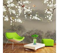 XLMING Vintage Pintado A Mano Acuarela Flores Blancas Aves Montañas Papel Pintado 3D Seda De Lujo Pared Estudio Comedor Sofa Dormitorio Madera Salon Tv Decorativo-350cm×256cm