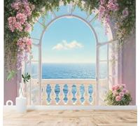 XLMING Vista Al Mar Balcón Flores Rosas Cielo Azul Ventana 3D Papel Pintado Tapiz Textura de Seda Oficina Comedor Sofá Dormitorio Sala Estar TV Fondo Pantalla-400cm×280cm