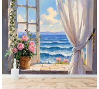 XLMING Vista Desde La Ventana Rosas Rosas Olas Paisaje Costero Luminoso 3D Papel Pintado Tapiz Textura de Seda Oficina Comedor Sofá Dormitorio Sala Estar TV Fondo Pantalla-250cm×170cm