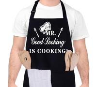 XLSXEXCL Delantales divertidos para hombre, con texto en inglés "MR GOOD LOOKING IS COOKING", delantal de cocina profesional para cocinero, marido, babero delantales con doble bolsillo ajustable para