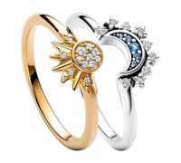 xlwen Anillos Mujer Brillante Sol y Luna,Anillo Superpuesto con Sol y Luna Celestial,Anillo de Engaste de Diamantes para regalar a tu novio, novia, esposa o familiares