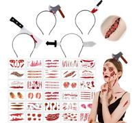 XLZJYIJ 4 Piezas Diademas de Halloween y 30 Halloween Tatuajes de Cicatriz, Diadema de Terror de Halloween, Diadema Cuchillo Halloween, Accesorios Halloween Cabeza para Halloween, Mascarada