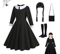 XLZJYIJ Disfraz Miercoles de Halloween para Niñas, Vestido Miercoles Niña con Peluca Bolsa Medias, Disfraz Halloween para Niña, Vestidos de halloween Carnaval para Niñas
