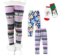 XM-Amigo 2 Pares de Pantalones para Niñas Chicas Invierno Cálidos Gruesos Patrones Estampado Terciopelo Flores Leggings(3año/100) Calcetines de Coral de Navidad