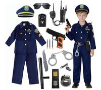 XM-mengpanwei Disfraz Policia Niño, Disfraz de Policia Niño de Juego Rol para Niños Halloween Carnaval,con Policía Camisa Pantalones Cinturón Sombrero Policía Placa Esposas Porra Police Walkie Talkie