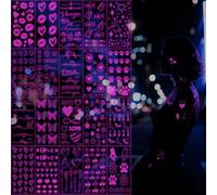 Xmasir 387 Pcs Neon Anti-UV tatuaje temporal Lámpara de la noche de color rosa Tinturas para niñas a prueba de agua Tatuaje de mujer cara Arte Fiesta de Halloween (20P)