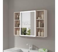 XMDEUR Botiquín de baño con luz, Espejo antivaho y desempañador, con estantes Abiertos y Compartimento para Maquillaje en la Parte Posterior (Caqui, 90 cm/36 Pulgadas)