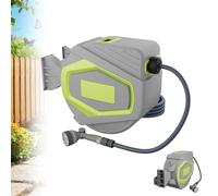 XMTECH Carrete de manguera automático, 28 + 2 m, montaje en pared giratorio 180°, enrollador automático con parada de longitud, 10 funciones, manguera de jardín para césped, jardín y lavado de coches