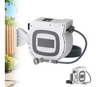 XMTECH Carrete de manguera automático de 28 + 2 m, montaje en pared giratorio 180°, enrollador automático con parada de longitud, 10 funciones, manguera de jardín para césped, jardín y lavado de