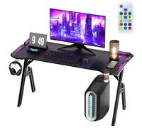 XMTECH Escritorio LED para Videojuegos, 140 x 60 cm, Mesa Gaming, PC, Marco con Superficie de Fibra de Carbono, Estable, Mesa para Gamer con Soporte para Bebidas y Gancho para Auriculares, Color