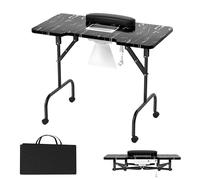 XMTECH Mesa de manicura, plegable, mesa de manicura, mesa de manicura, mesa portátil, mesa de salón de uñas con ruedas, bolsa para el polvo, bolsa de transporte, color negro